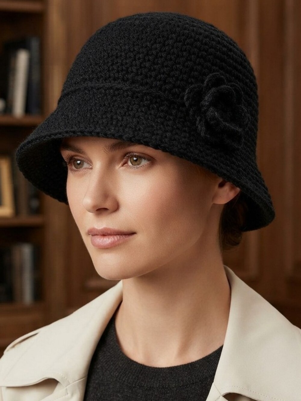 Betmar Black Crochet Cloche Hat with Floral Accent (Inside Measures 10")